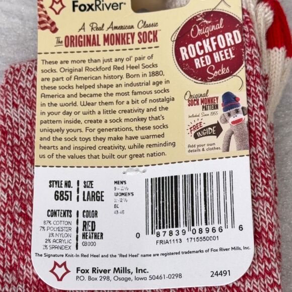 Two Pairs RED Rockford Red Heel Socks LARGE Sock Monkey USA Fox River Mills NEW - Picture 5 of 5